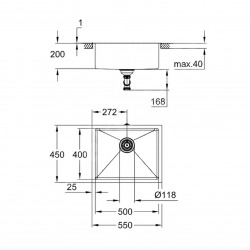  K700 Evier sous-plan 550 x 450mm + Siphon, bonde et vidage inclus, Acier inoxydable (31574SD1)