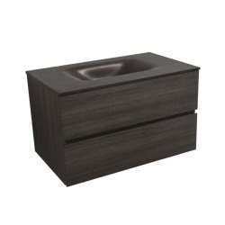 Naturel Verona Set Meuble 66cm suspendu bois foncé avec 2 tiroirs fermeture lente + Vasque marbre coulé noir mat (Verona66NF)
