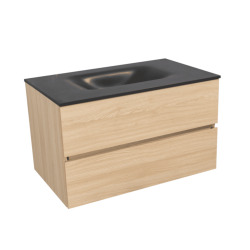 Naturel Verona Set Meuble 86cm suspendu bois clair avec 2 tiroirs fermeture lente + Vasque marbre coulé noir mat (Verona86NC)