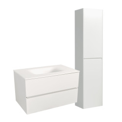 Naturel Set Meuble 86cm suspendu blanc mat avec 2 tiroirs + Vasque marbre coulé blanc mat + Armoire (Verona86BBB)