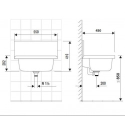  Poste d'eau avec paroi arrière anti-éclaboussures Polypropylène haute qualité, trop-plein, 55x45 cm