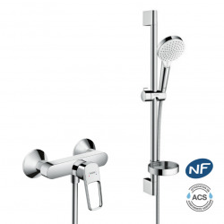 Hansgrohe Set de douche Logis Loop Mitigeur + Douchette 2 jets + Barre 65cm + Porte savon + Flexible, Chrome
