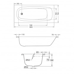 Tanza Baignoire rectangulaire 1600x700x390mm en acier émaillé, Blanc (H2251910000001)