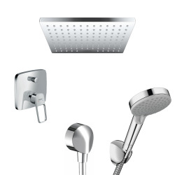 Hansgrohe Logis Loop Set de douche encastré avec mitigeur monocommande, douche de tête carré, douchette 2 jets, et bec déverseur, Chrome