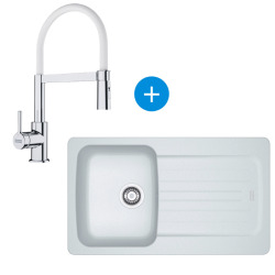 Franke Aveta Evier 86x50cm avec égouttoir réversible Fradura, Blanc + Mitigeur cuisine semi-pro, douchette extractible, Chrome/Blanc