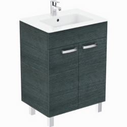 Ideal Standard Tempo Set Meuble sur pieds 60 cm avec deux portes softclose, chêne grisé  + Lavabo blanc (TEMPOChêneGrisSablé-1)