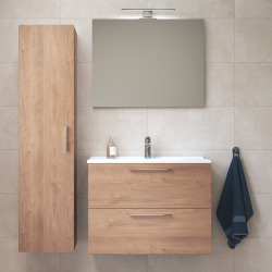 Vitra  Set Mia ensemble meuble 79x61x39,5 cm avec miroir, lavabo et éclairage LED + armoire 145x35x35 cm, Chêne