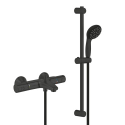 Grohe Set de douche mitigeur bain/douche thermostatique + Douchette 2 jets + Barre 600 mm + Flexible, noir mat (345982430-GroheBlack1)