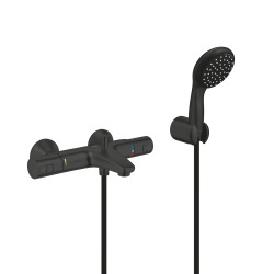 Grohe Set de douche mitigeur bain/douche thermostatique + Douchette 2 jets + support mural + Flexible 1750 mm, noir mat