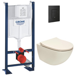 Grohe Pack Bâti-autoportant + WC sans bride Vitra Sento, Taupe mat + Abattant softclose + Plaque Noire mat, anti-empreintes