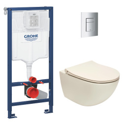 Grohe Pack Bâti support Rapid SL + WC sans bride Vitra Sento, Taupe mat + Abattant softclose + Plaque Chrome