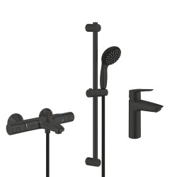Grohe Set de douche mitigeur bain/douche thermostatique + Douchette 2 jets + Barre 600 mm + Mitigeur lavabo taille M, noir mat