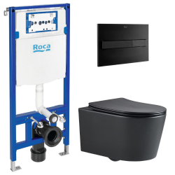 Swiss Aqua Technologies Pack WC Bâti support Roca Duplo One + Cuvette sans bride SAT Noir + plaque de déclenchement, Noir (RocaBlackSAT-3)