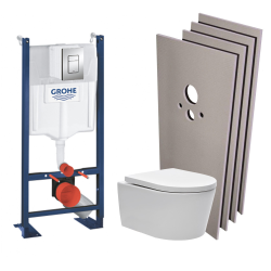 Grohe Pack WC bâti autoportant + WC Swiss Aqua Technologies sans bride + Plaque chrome + Set habillage