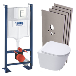 Swiss Aqua Technologies Pack WC Bâti-support autoportant + WC suspendu sans bride SAT + Abattant frein de chute + Plaque Blanc + Set d'habillage