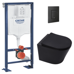 Grohe Pack WC Bâti Solido + WC sans bride SAT Noir mat + Abattant frein de chute + Plaque noir mat (AUTOPORTANT-BLACKINFINITIO-KF0)