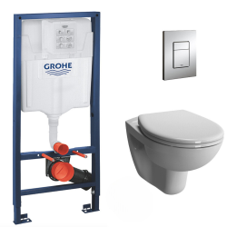 Grohe Pack WC Bâti-support Rapid SL + Vitra Normus WC suspendu sans bride + Abattant frein de chute + Plaque Chrome