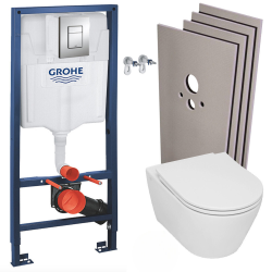 Grohe Pack WC Bâti-support Rapid SL + WC sans bride Serel, fixations invisibles + abattant softclose + Plaque Chrome + Set habillage