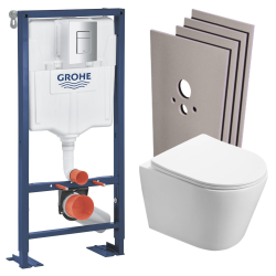 Grohe SOLIDO Pack Bâti-support + WC suspendu + Plaque chrome + Set de montage