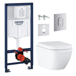 Grohe Pack WC Bâti-support Rapid SL + WC sans bride Euro Ceramic + Abattant duroplast + Plaque chrome (ARENAEUROCT)