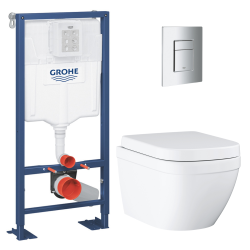Grohe Pack WC Bâti-support autoportant Solido + WC sans bride Euro Ceramic + Abattant duroplast + Plaque chrome (SOLIDOEUROCT1)