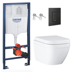 Grohe Pack WC Bâti-support Rapid SL + WC sans bride Euro Ceramic + Abattant duroplast + Plaque noire mat (RSLEUROCTKF0)