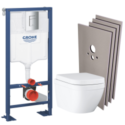 Grohe Pack WC Bâti-support autoportant + WC sans bride Euro Ceramic + Abattant Duroplast + Plaque chrome + Habillage (SOLIDOEUROCT1SB)