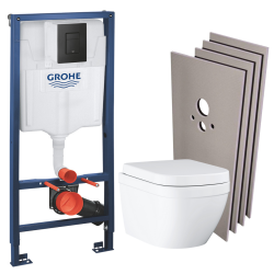 Grohe Pack WC Bâti-support Rapid SL + WC sans bride Euro Ceramic + Abattant + Plaque noire mat + Set habillage (RSLEUROCTKF0SB)