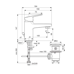  Ceraplan Mitigeur de lavabo 47x173x146 mm, 9 l/min (3 bar), avec bonde et tirette, chrome (BD269AA)
