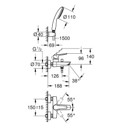 Start Set de douche mitigeur monocommande Bain/Douche + Douchette à main 1 jet + Support mural, chrome (G25283002)