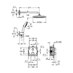 Precision Set de douche encastrée avec mitigeur thermostatique + Douche de tête + Douchette 2 jets, chrome (G34883000)