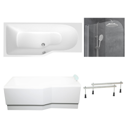160x80 cm Beata Plus baignoire asymétrique en acrylique, gauche + tablier + pare-baignoire, pieds, blanc (BE1600LPLUS-SETP1)