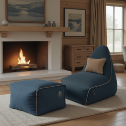 Soo Santaï Buddy's Rest fauteuil poire + repose pieds 90x60x85/45x60x35cm interieur dehoussable, surpiqures, Bleu jeans, sans polystyrène