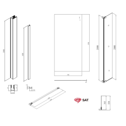 Walk-in 100x200cm Paroi et retour pivotant en verre Crystal Glass® 8 mm anticalcaire , avec bras et profilés noir mat