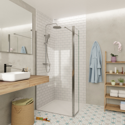 Walk-in 100x200cm Paroi et retour pivotant en verre Crystal Glass® 8 mm anticalcaire , avec bras et profilés chrome brillant