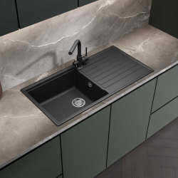 Swiss Aqua Technologies 100x50 cm évier avec égouttoir réversible en Granite, à encastrer, noir (SATSINKGQK103B)