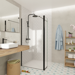 Walk-in 110x200cm Paroi et retour pivotant en verre Crystal Glass® 8 mm anticalcaire , avec bras et profilés noir mat
