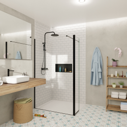 Swiss Aqua Technologies Walk-in 120x200cm Paroi et retour pivotant en verre Crystal Glass® 8 mm anticalcaire , avec bras et profilés noir mat