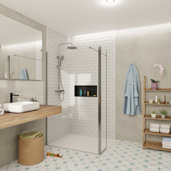 Walk-in 120x200cm Paroi et retour pivotant en verre Crystal Glass® 8 mm anticalcaire , avec bras et profilés chrome brillant