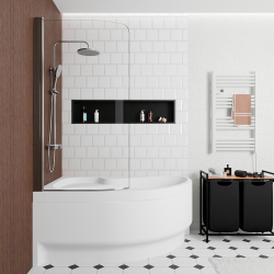 Siko 150x100 cm Fortuna Plus baignoire asymétrique en acrylique, gauche + tablier + pare-baignoire + pieds, blanc (FO1500LPLUS-SETP1)