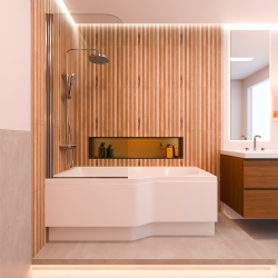 160x80 cm Beata Plus baignoire asymétrique en acrylique, gauche + tablier + pare-baignoire, pieds, blanc (BE1600LPLUS-SETP1)