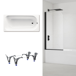 Kaldewei 170x75 cm Ensemble baignoire Saniform universelle + Pare baignoire pivotant noir + pieds (KW3731-SETP5)