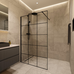 Walk-in 120x200cm paroi en 8 mm anticalcaire, avec bras et profilés noir mat (CERABWISR01-120B)