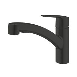 Evier avec égouttoir en granite à encastrer + mitigeur Grohe monocommande avec douchette 2 jets, noir mat (SATSINKGE3B-SET)
