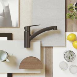 100x50 cm évier en granite à encastrer + mitigeur monocommande avec douchette extractible, noir mat