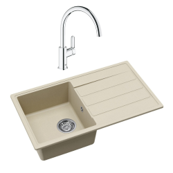 76x44 cm évier en granite à encastrer avec égouttoir réversible + mitigeur monocommande, jasmin (SATSINKGE3J-SET)