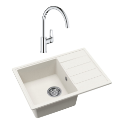 62x44 cm évier en granite à encastrer avec égouttoir réversible + mitigeur monocommande, blanc (SATSINKGE2W-SET)