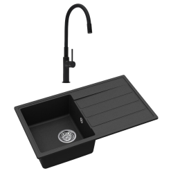 76x44 cm évier avec égouttoir réversible en granite à encastrer + mitigeur aérateur Neoperl®, noir mat (SATSINKGE3B-SET1)