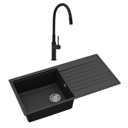 100x50 cm évier avec égouttoir réversible en granite à encastrer + mitigeur aérateur Neoperl®, noir mat (SATSINKGQK103B-SET1)