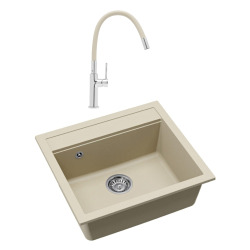 56,5x51cm évier en granite à encastrer + mitigeur aérateur Neoperl®, jasmin (SATSINKGQQ100J-SET1)